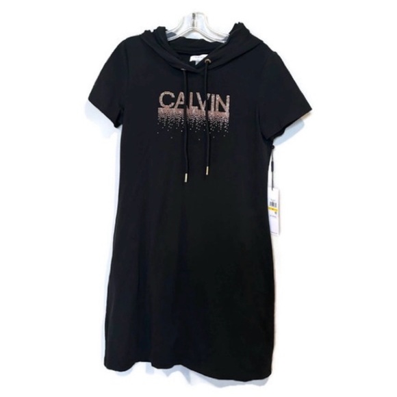 Calvin Klein Black Short-Sleeve Hoodie Dress with Logo - Picture 5 of 5